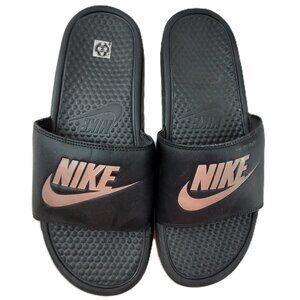 Nike Slides Shoes Women's 11 Black Rose Gold Spell out & Swoosh Sandals